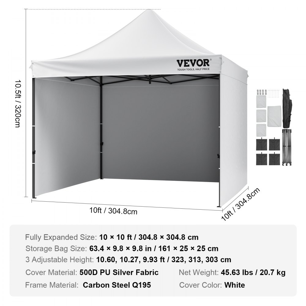 Pawilon VEVOR 304,8 x 304,8 x 320 cm, namiot ogrodowy, 500D PU, srebrny, składany, z regulacją wysokości, w tym torba do przechowywania, namiot imprezowy, 6-8 osób, namiot rozkładany, biały, pawilon ogrodowy na kemping