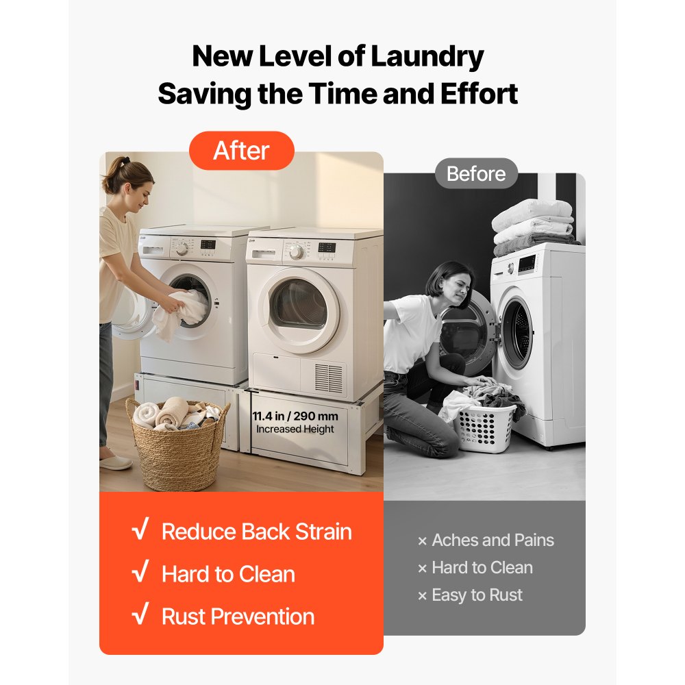 VEVOR Laundry Pedestal, 290 mm Height, Washer and Dryer Pedestals with Drawer, 150 kg Weight Load Capacity, Non-Slip Feet, Heavy-duty Steel Washing Machine Stand Universal Fit, White, 2 Pack