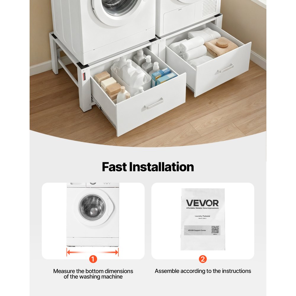 VEVOR Laundry Pedestal, 290 mm Height, Washer and Dryer Pedestals with Drawer, 150 kg Weight Load Capacity, Non-Slip Feet, Heavy-duty Steel Washing Machine Stand Universal Fit, White, 2 Pack
