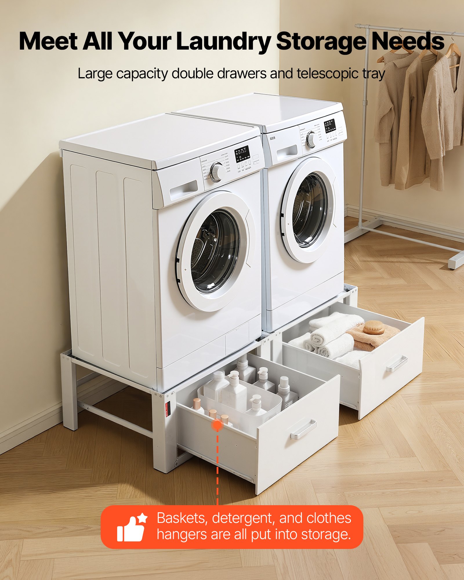 VEVOR Laundry Pedestal, 290 mm Height, Washer and Dryer Pedestals with Drawer, 150 kg Weight Load Capacity, Non-Slip Feet, Heavy-duty Steel Washing Machine Stand Universal Fit, White, 2 Pack