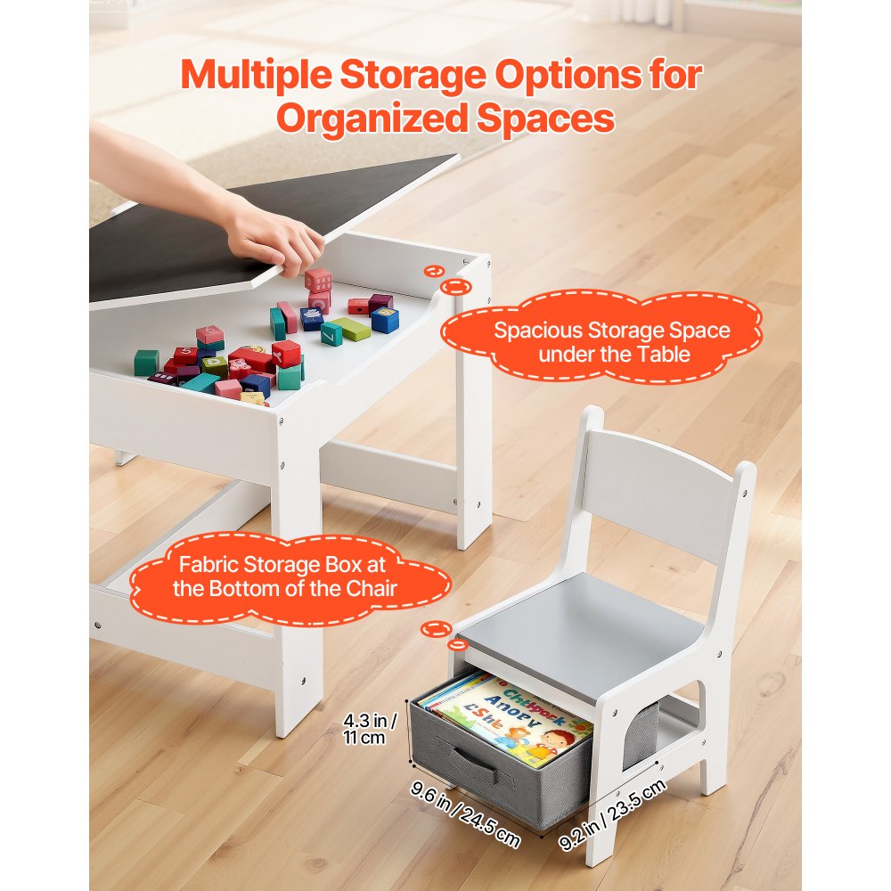 VEVOR Stolik dziecięcy z 2 krzesłami i pojemnikiem na tkaniny pod krzesłami, zestaw stołowy do rysowania, czytania, nauki, pisania, zestaw krzeseł dziecięcych do żłobka, stół do rękodzieła, stół do zabawy, biurko