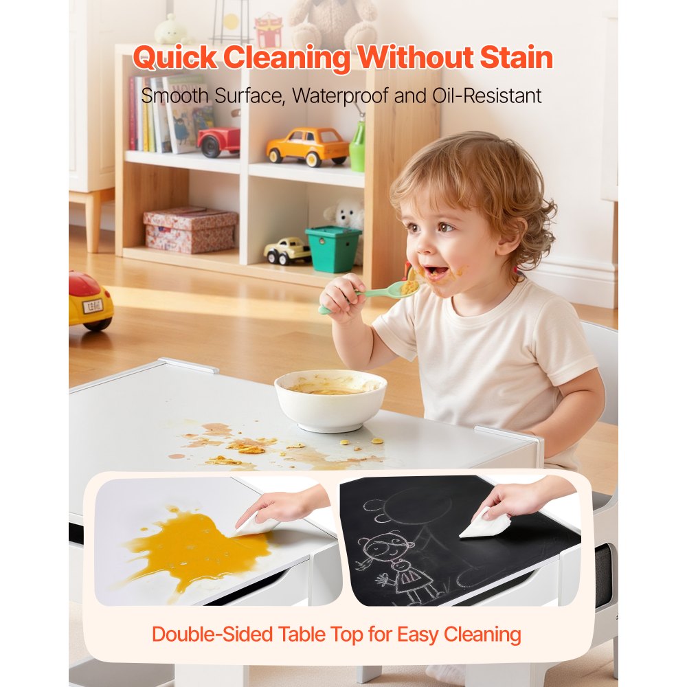 VEVOR Stolik dziecięcy z 2 krzesłami i pojemnikiem na tkaniny pod krzesłami, zestaw stołowy do rysowania, czytania, nauki, pisania, zestaw krzeseł dziecięcych do żłobka, stół do rękodzieła, stół do zabawy, biurko