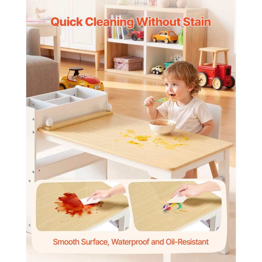 VEVOR Stolik dziecięcy z 2 krzesłami i 3-poziomową szafką, zestaw stołowy do rysowania, czytania, nauki, pisania, zestaw krzeseł dziecięcych do żłobka, stół do robótek ręcznych, stół do zabawy, biurko, biały