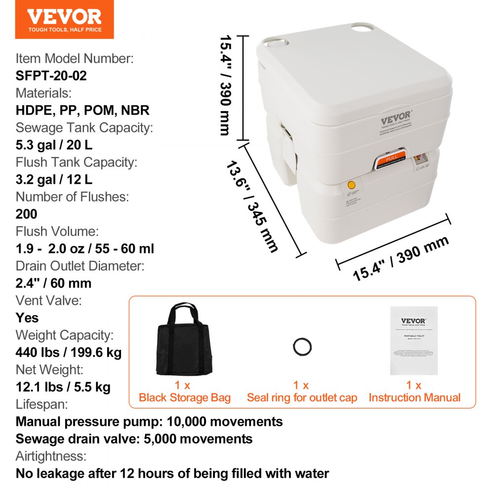 Toaleta kempingowa VEVOR Toaleta mobilna 20 + 12 L, przenośna toaleta kempingowa ze spłuczką ciśnieniową 390x345x390 mm Toaleta podróżna Toaleta awaryjna Toalety białe 199,6 kg Udźwig Toaleta dla samochodu kempingowego