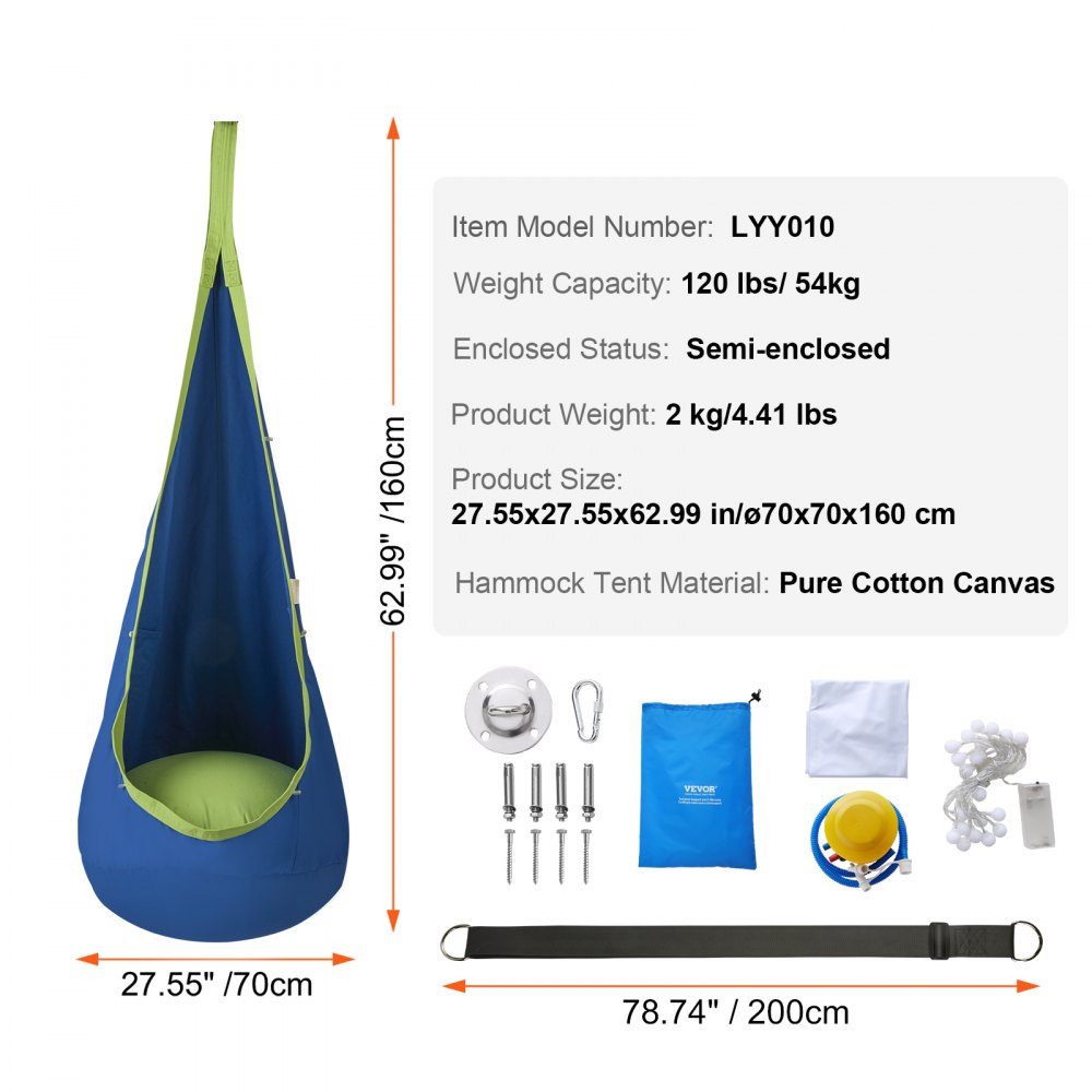 VEVOR wisząca jaskinia ø 70 x 160 cm wiszące krzesło nośność 54 kg hamak wykonany z bawełnianego płótna bajkowe światełka LED wiszące siedzisko wiszący namiot huśtawka terapeutyczna huśtawka wisząca huśtawka dziecięca niebieska
