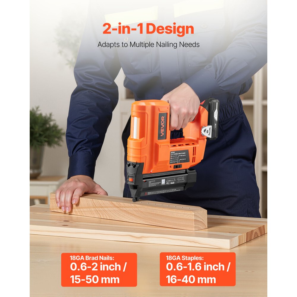 VEVOR 2-in-1 Cordless Brad Nailer, 18 Gauge, 20V Battery Powered Nail Gun and Staple Gun, with 500 pcs Nails, 500 pcs Staples, 2 x 2.0 Ah Li-ion Batteries, Charger, for Home Improvement, Woodworking