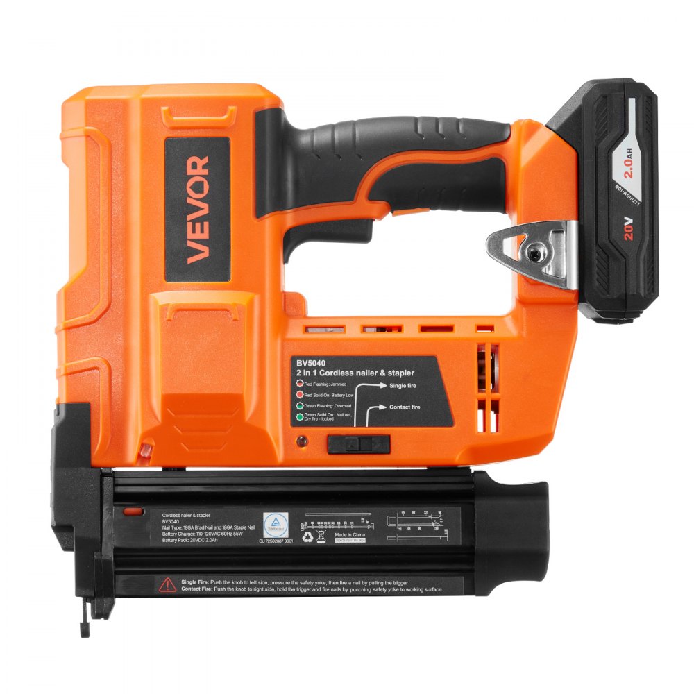 VEVOR 2-in-1 Cordless Brad Nailer, 18 Gauge, 20V Battery Powered Nail Gun and Staple Gun, with 500 pcs Nails, 500 pcs Staples, 2 x 2.0 Ah Li-ion Batteries, Charger, for Home Improvement, Woodworking