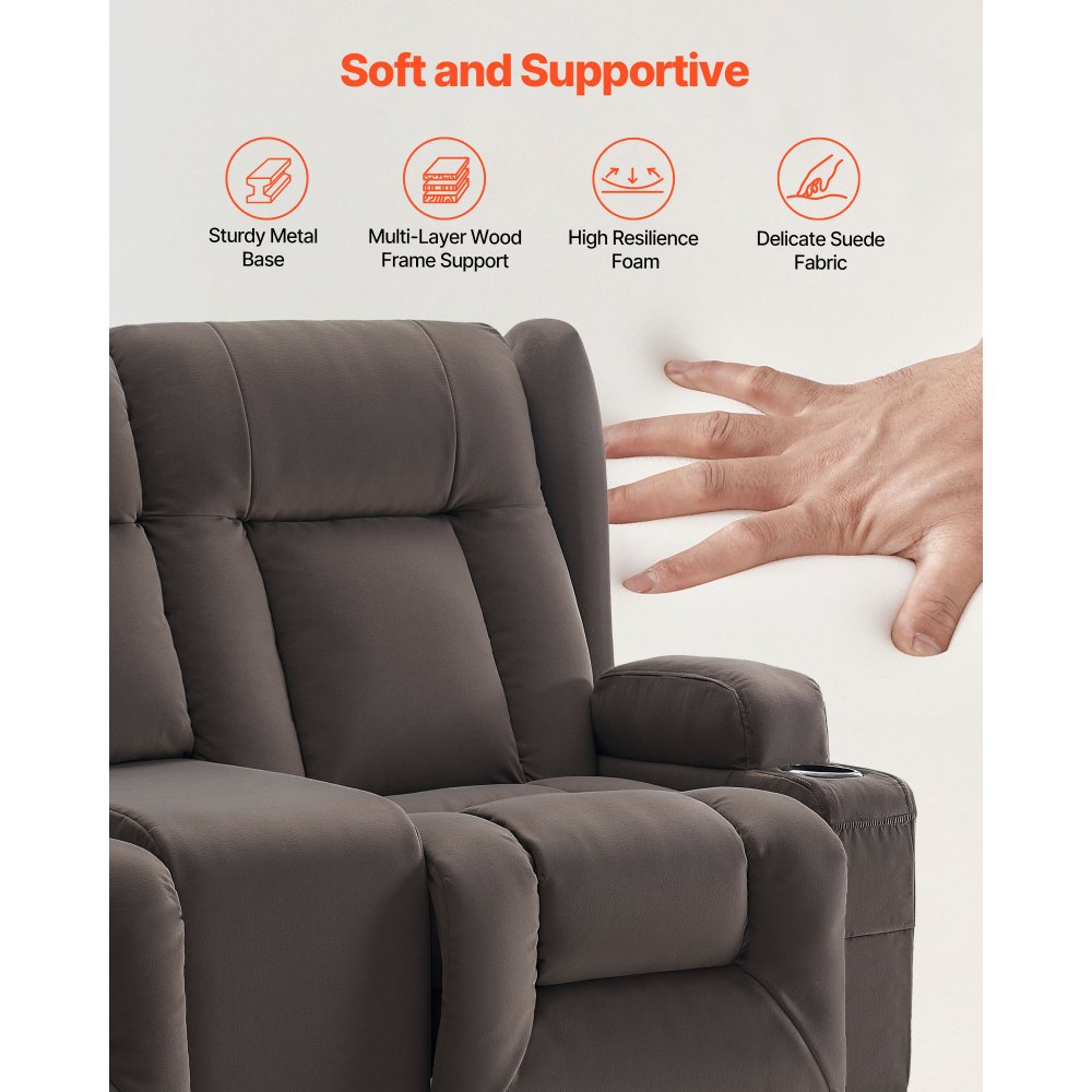 Fotel relaksacyjny VEVOR Doubleseat, elektryczna sofa rozkładana z funkcją ogrzewania i masażu, fotel masujący z centralnym sterowaniem, portami USB, uchwytami na kubki i kieszeniami bocznymi, sofa do salonu, brązowa