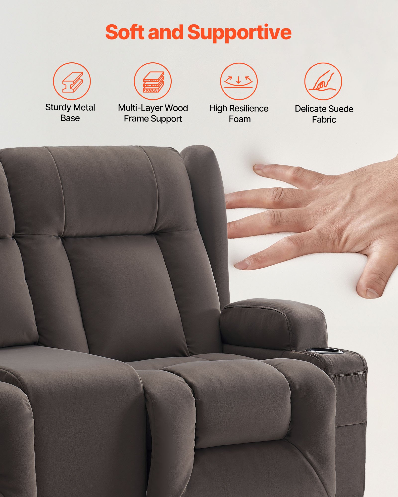 Fotel relaksacyjny VEVOR Doubleseat, elektryczna sofa rozkładana z funkcją ogrzewania i masażu, fotel masujący z centralnym sterowaniem, portami USB, uchwytami na kubki i kieszeniami bocznymi, sofa do salonu, brązowa