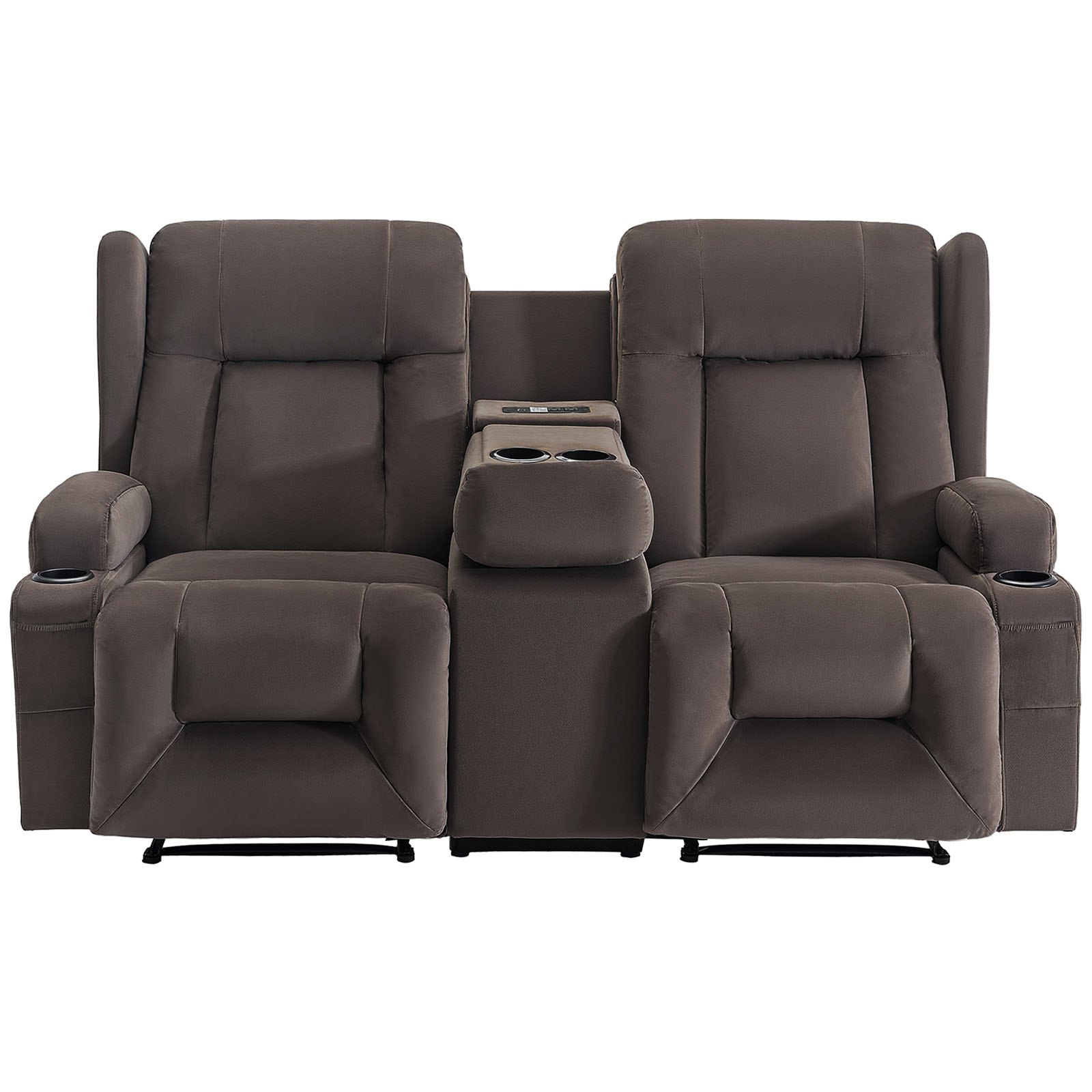 Fotel relaksacyjny VEVOR Doubleseat, elektryczna sofa rozkładana z funkcją ogrzewania i masażu, fotel masujący z centralnym sterowaniem, portami USB, uchwytami na kubki i kieszeniami bocznymi, sofa do salonu, brązowa