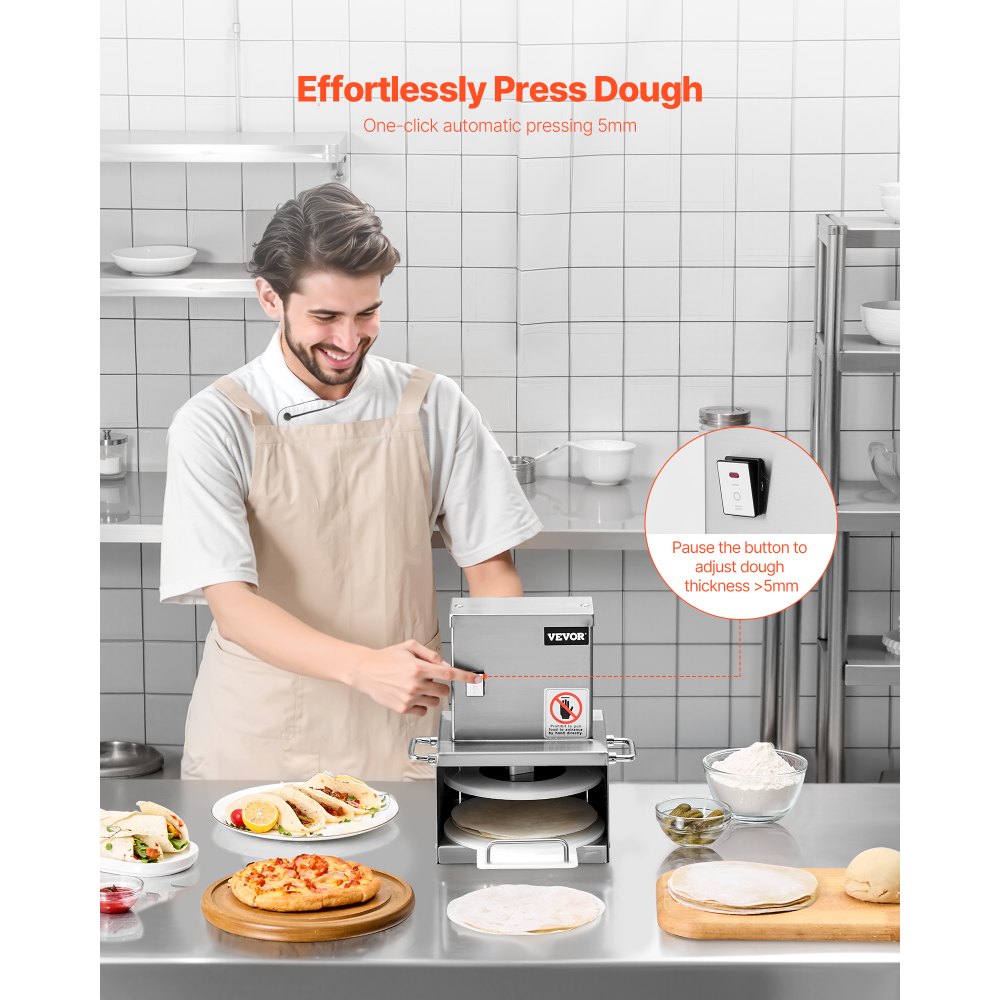VEVOR Electric Pizza Dough Press with 6-inch Pastry Pressing Plate, Stainless Steel Bread Press, Commercial Forming Machine with Adjustable Thickness & 100 Pieces of Parchment Paper, Pizza Dough Roll