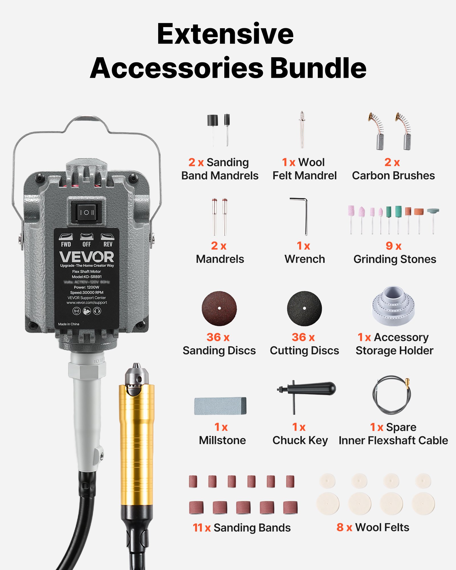 VEVOR Elektryczne narzędzie obrotowe, 1200 W, 30 000 obr./min, narzędzie obrotowe z giętkim wałkiem i sterowaniem pedałem nożnym, szlifierka wisząca z zestawem akcesoriów składającym się ze 112 elementów, szlifierka wysokoobrotowa do szlifowania, polerowania i cięcia