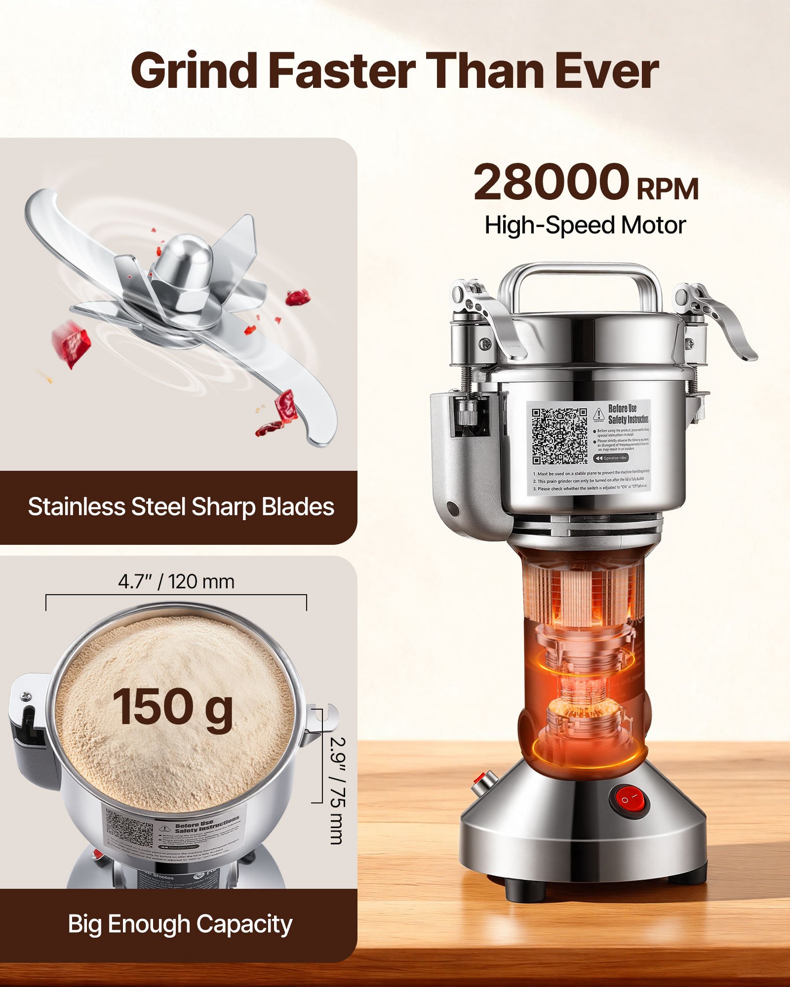 VEVOR electric grain mill, high-speed spice mill with 850 W, stainless steel pulverizer, for dry grains, spices, muesli, coffee, corn, pepper, 163 x 135 x 345 mm