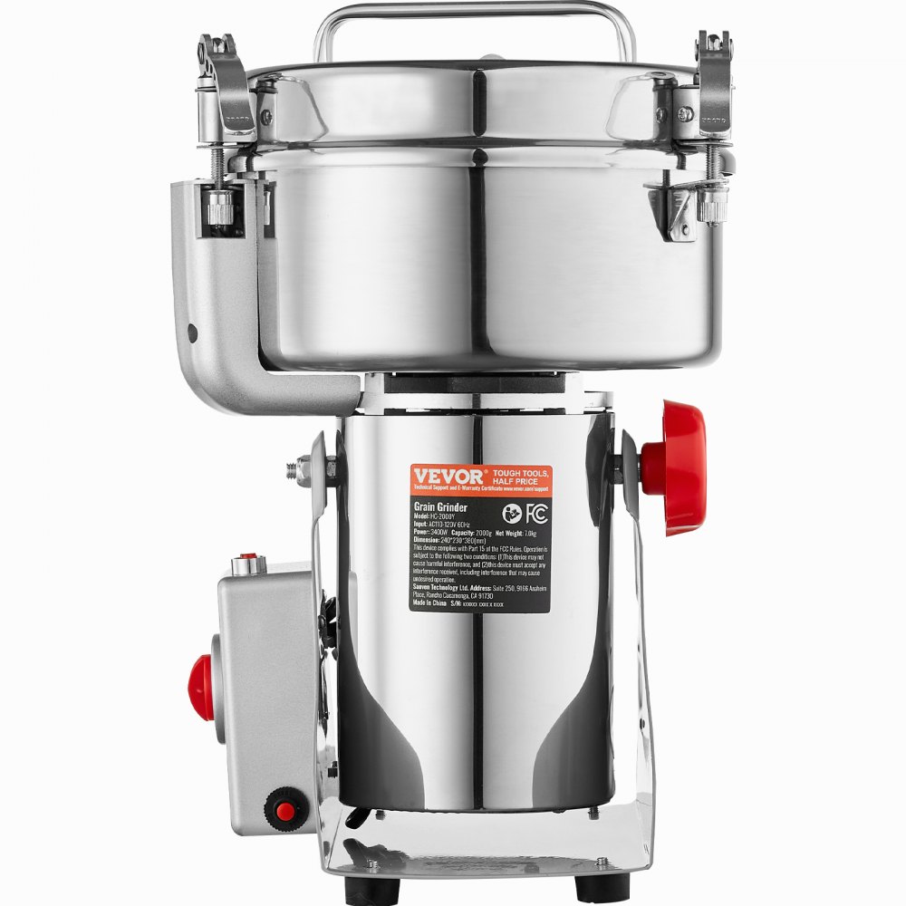 VEVOR Elektryczny młynek do zboża, szybkoobrotowy, do przypraw, 2 kg, 3400 W, ze stali nierdzewnej, do suchych ziaren, przypraw, płatków, kawy, kukurydzy, pieprzu, obrotowy, 24 x 23 x 38 cm