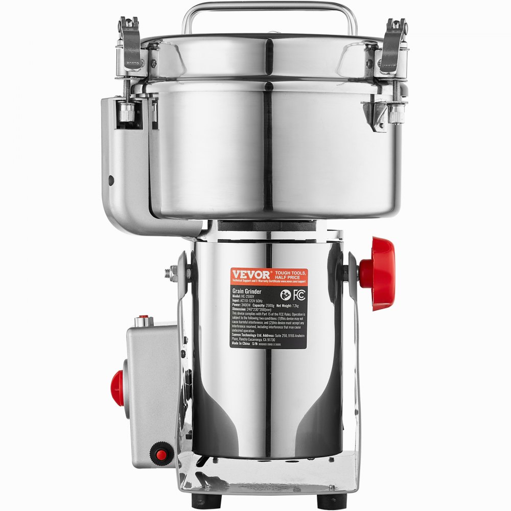 Młynek do zboża VEVOR elektryczny, szybkoobrotowy, 2500 g, 3400 W, ze stali nierdzewnej, do rozdrabniania suchych ziaren, przypraw, płatków śniadaniowych, kawy, kukurydzy, pieprzu, obrotowy, 24 x 23 x 39 cm