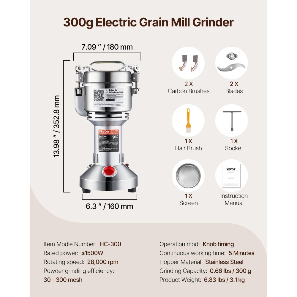 VEVOR Electric Grain Mill, High-Speed Spice Mill, 1500 W, 300 g, Stainless Steel Pulverizer, for Dry Grains, Spices, Muesli, Coffee, Corn, Pepper, Silver, 180 x 160 x 355 mm