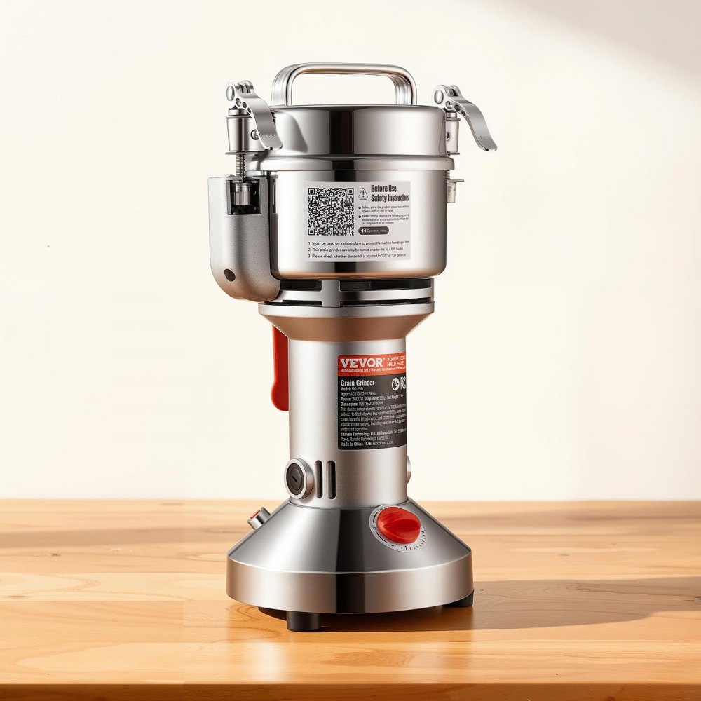 VEVOR Electric Grain Mill, High-Speed Spice Mill, 1500 W, 300 g, Stainless Steel Pulverizer, for Dry Grains, Spices, Muesli, Coffee, Corn, Pepper, Silver, 180 x 160 x 355 mm