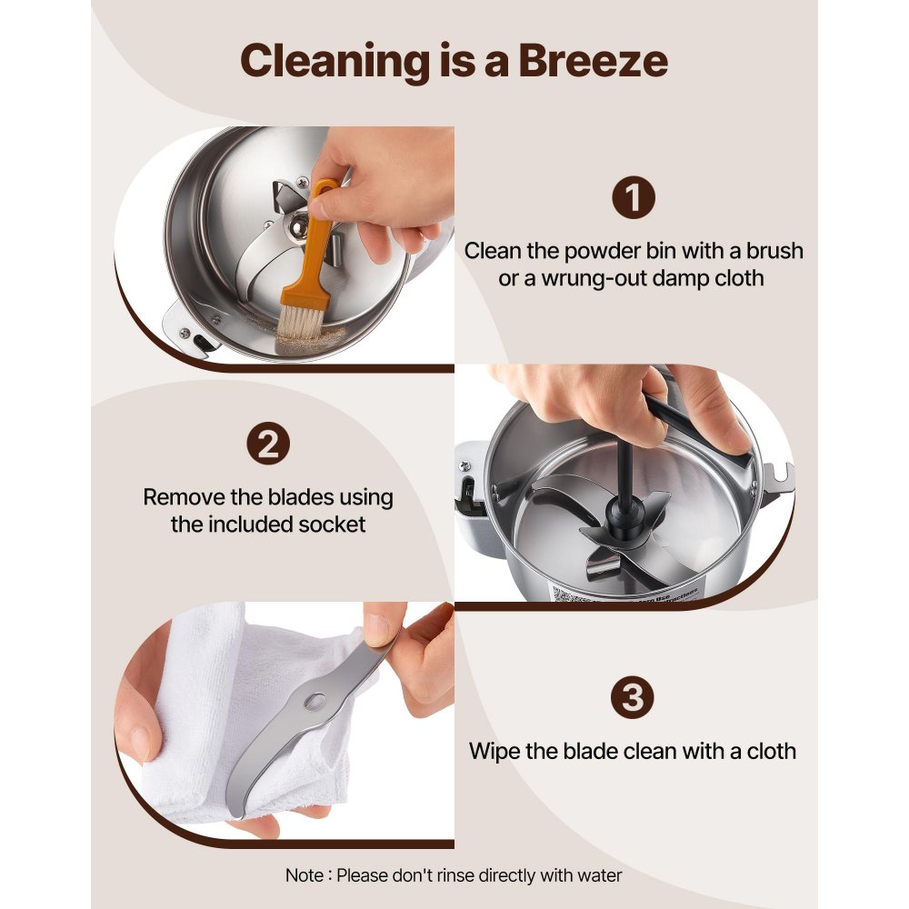 VEVOR Elektryczny młynek do zboża, szybkoobrotowy, 1500 W, 300 g, urządzenie rozdrabniające ze stali nierdzewnej, do suchych ziaren, przypraw, płatków śniadaniowych, kawy, kukurydzy, pieprzu, srebrny, 180 x 160 x 355 mm