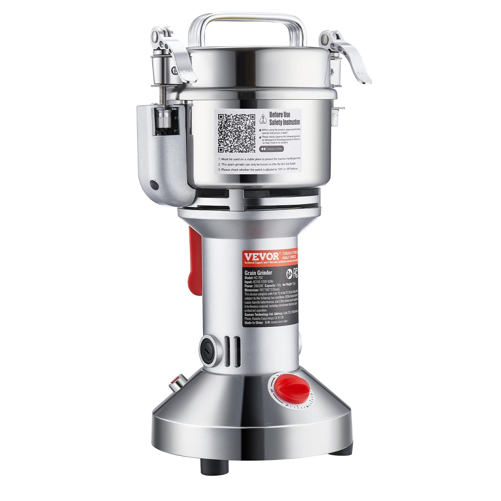 VEVOR Elektryczny młynek do zboża, szybkoobrotowy, 1500 W, 300 g, urządzenie rozdrabniające ze stali nierdzewnej, do suchych ziaren, przypraw, płatków śniadaniowych, kawy, kukurydzy, pieprzu, srebrny, 180 x 160 x 355 mm