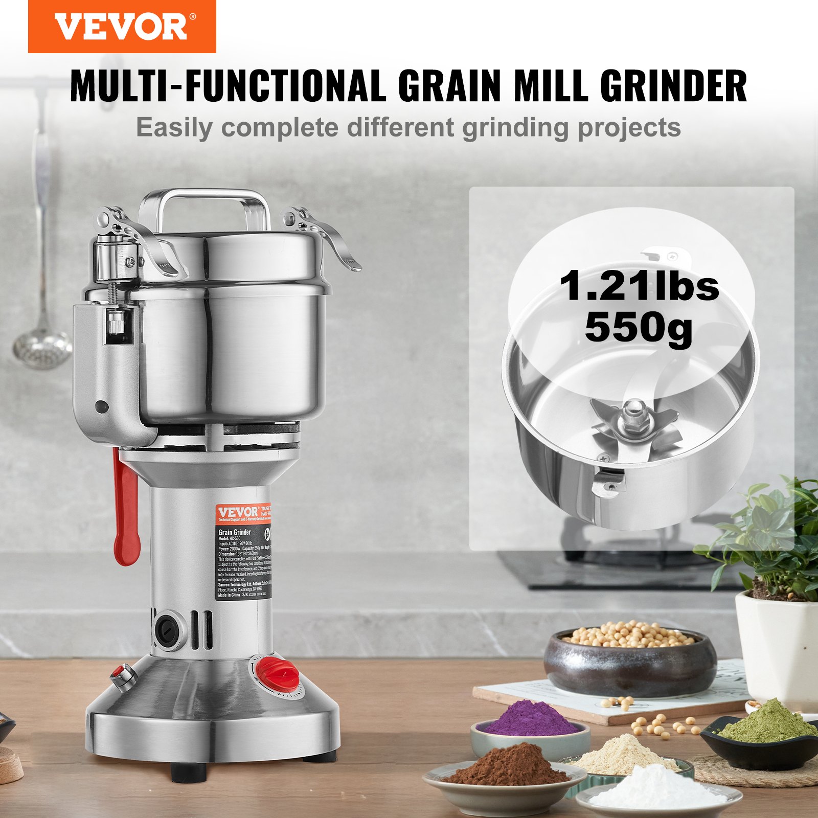 VEVOR Electric Grain Mill, High-Speed Spice Mill 550g 2000W, Stainless Steel Pulverizer, for Dry Grains, Spices, Grains, Coffee, Corn, Pepper, Silver 195 x 160 x 365 mm