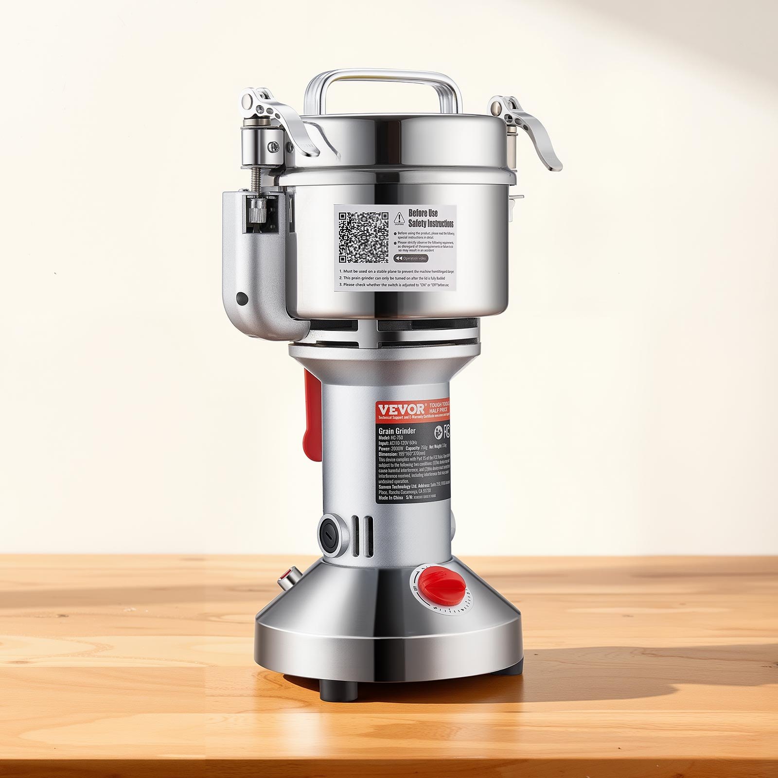 VEVOR Electric Grain Mill, High-Speed Spice Mill 550g 2000W, Stainless Steel Pulverizer, for Dry Grains, Spices, Grains, Coffee, Corn, Pepper, Silver 195 x 160 x 365 mm