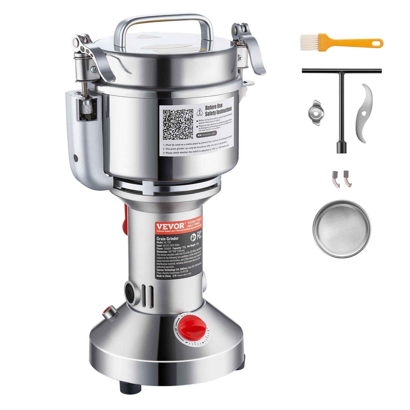 VEVOR Electric Grain Mill, Portable High-Speed ​​Spice Mill, Commercial 750g, 2000W, Stainless Steel Pulverizer, 28000 RPM for Dry Grains, Spices, Muesli, Coffee, Corn, Pepper