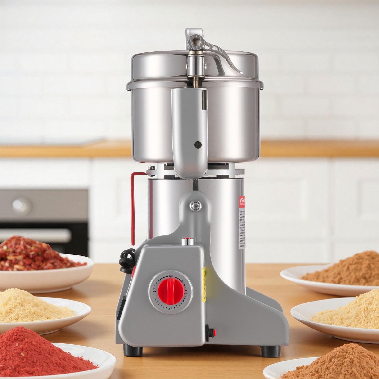Młynek do zboża VEVOR elektryczny 800 g, 2100 W, stal nierdzewna, młynek do przypraw, suchych ziaren, musli, kawy, kukurydzy, pieprzu, obrotowy rozdrabniacz 220 x 190 x 375 mm