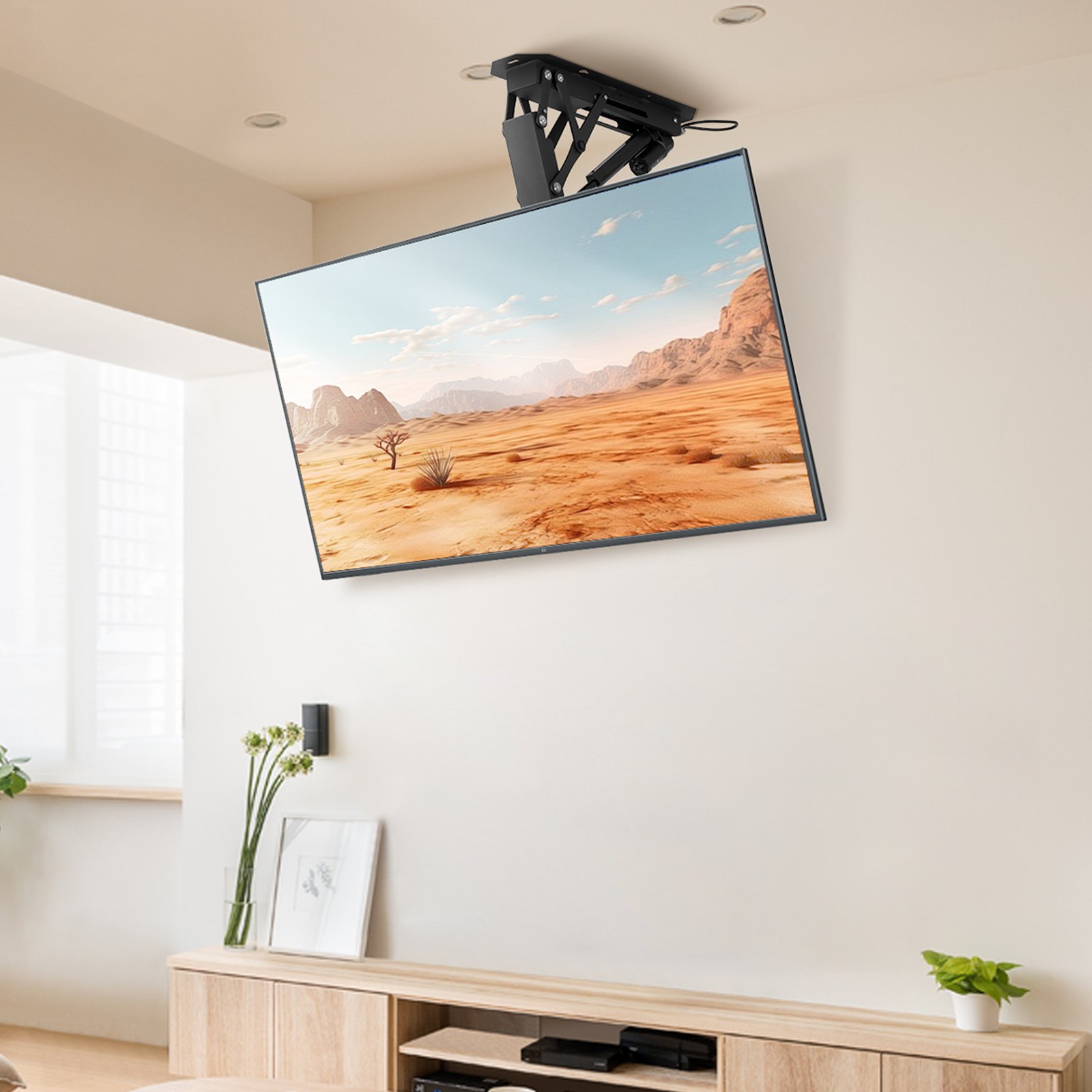 Uchwyt sufitowy do telewizorów VEVOR z silnikiem, do telewizorów o przekątnej od 813 do 1651 mm, elektrycznie regulowany, składany stojak o maks. szerokości VESA 60 x 60 cm, pasuje do telewizorów o wadze do 40 kg.