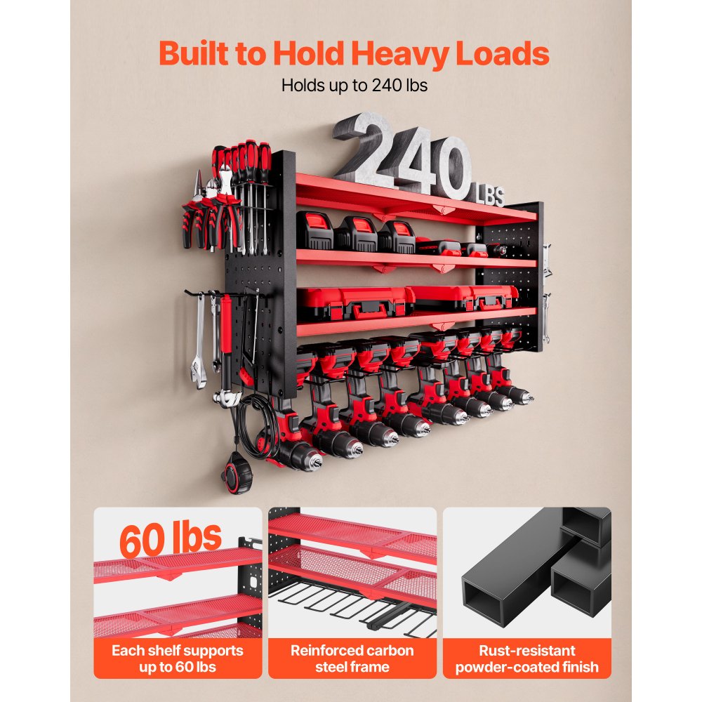 VEVOR Power Tool Organizer Wall Mount, 4-Layer Storage Rack with 8 Drill Holders, Tools Holder and Storage Rack with Side Pegboards, Garage Tool Organizer for Garage, Workbench, and Workshop