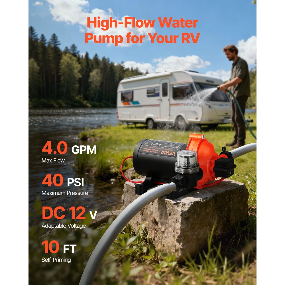 VEVOR Pompa membranowa, 12 V DC, 15,1 l/min, samozasysająca 3-komorowa pompa wodna z membraną z automatycznym wyłącznikiem ciśnieniowym, ciśnienie 2,75 bara, do kamperów, przyczep kempingowych, statków, jachtów, myjni samochodowych