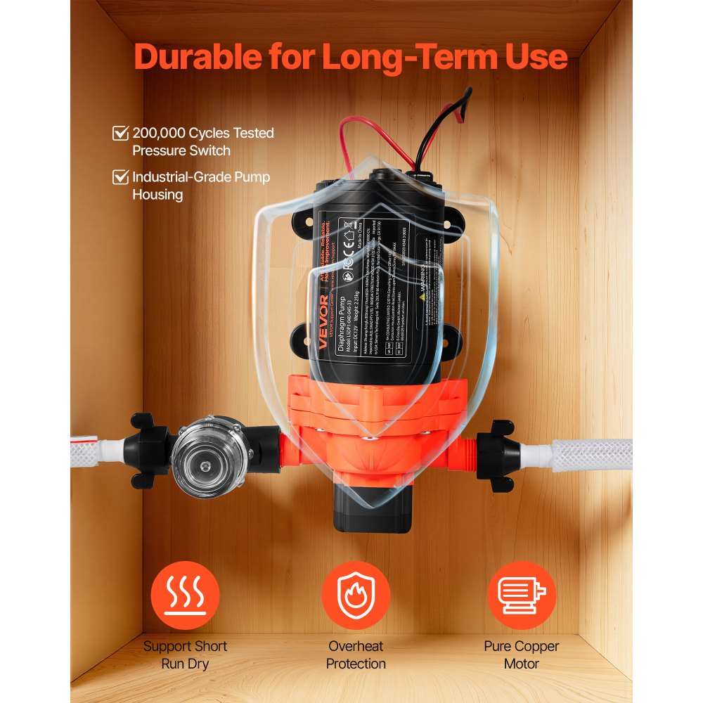 VEVOR Pompa membranowa, 12 V DC, 15,1 l/min, samozasysająca 3-komorowa pompa wodna z membraną z automatycznym wyłącznikiem ciśnieniowym, ciśnienie 2,75 bara, do kamperów, przyczep kempingowych, statków, jachtów, myjni samochodowych