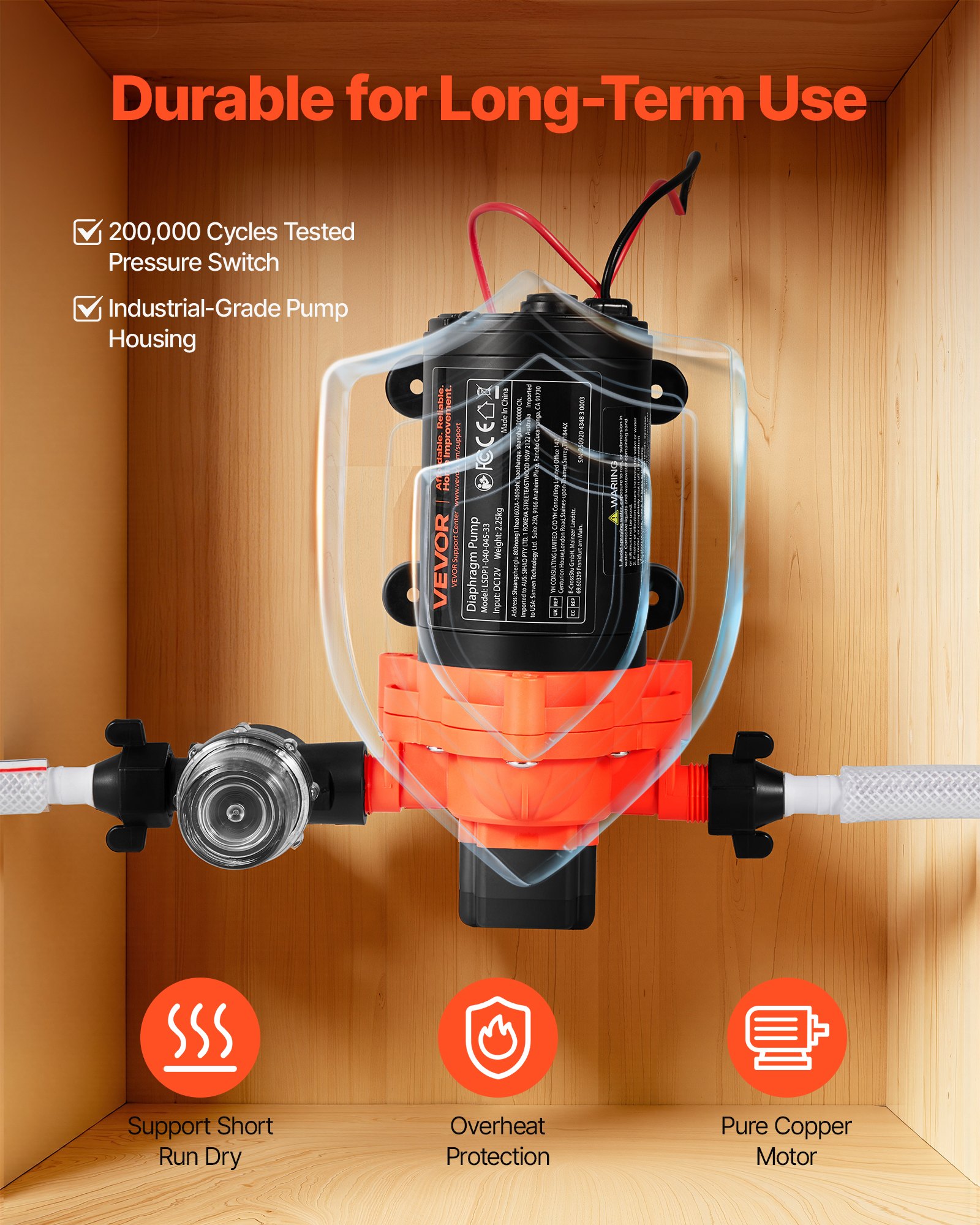 VEVOR Pompa membranowa, 12 V DC, 15,1 l/min, samozasysająca 3-komorowa pompa wodna z membraną z automatycznym wyłącznikiem ciśnieniowym, ciśnienie 2,75 bara, do kamperów, przyczep kempingowych, statków, jachtów, myjni samochodowych