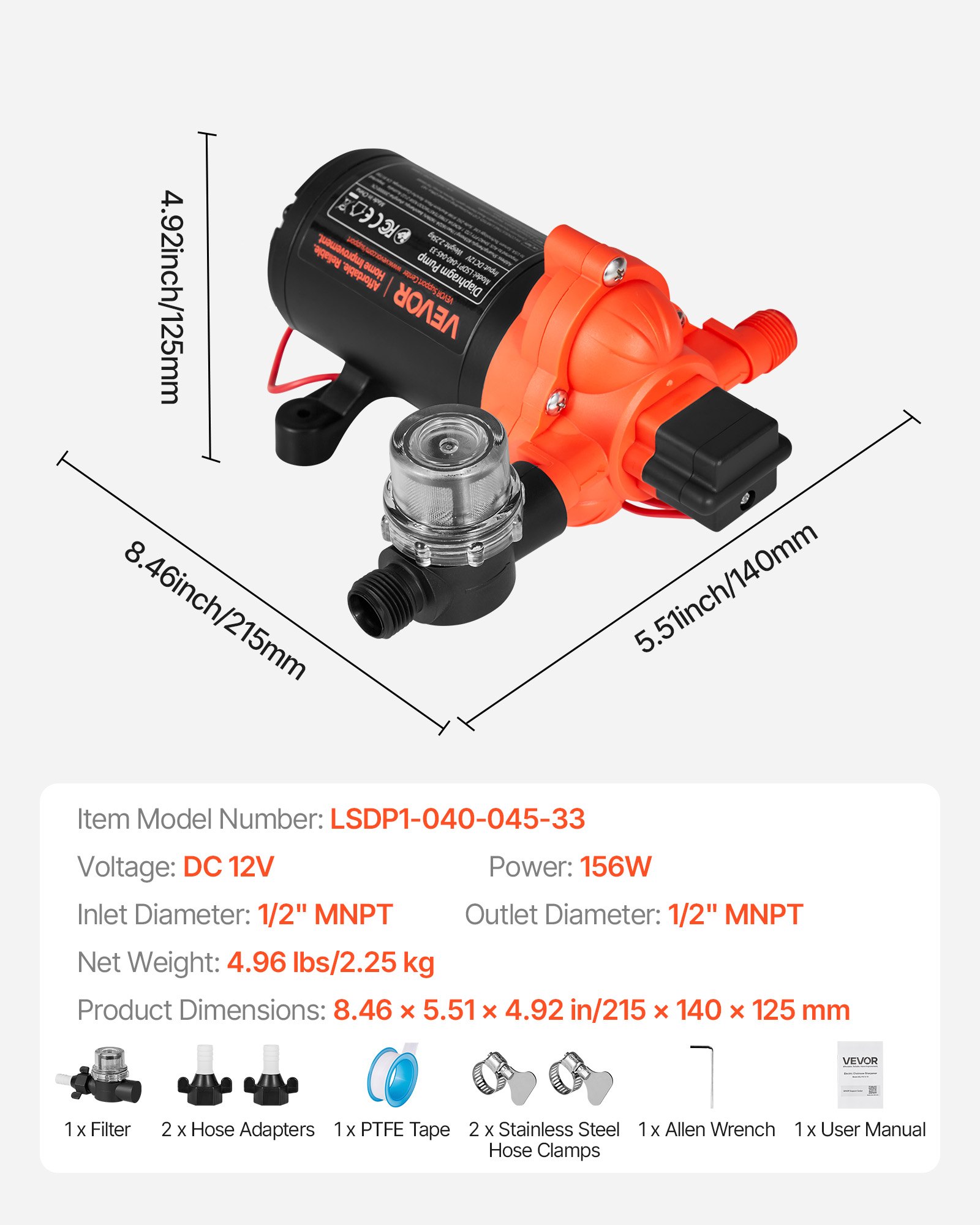 VEVOR Pompa membranowa, 12 V DC, 15,1 l/min, samozasysająca 3-komorowa pompa wodna z membraną z automatycznym wyłącznikiem ciśnieniowym, ciśnienie 2,75 bara, do kamperów, przyczep kempingowych, statków, jachtów, myjni samochodowych