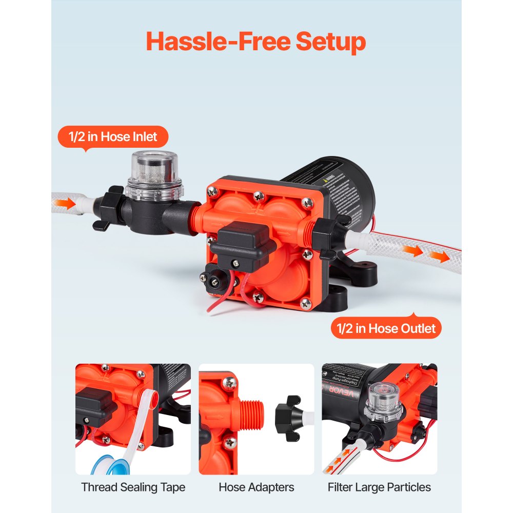 VEVOR Pompa membranowa, 12 V DC, 18,9 l/min, samozasysająca 4-komorowa pompa wodna z membraną z automatycznym wyłącznikiem ciśnieniowym, ciśnienie 4,8 bar, do kamperów, przyczep kempingowych, statków, jachtów, myjni samochodowych