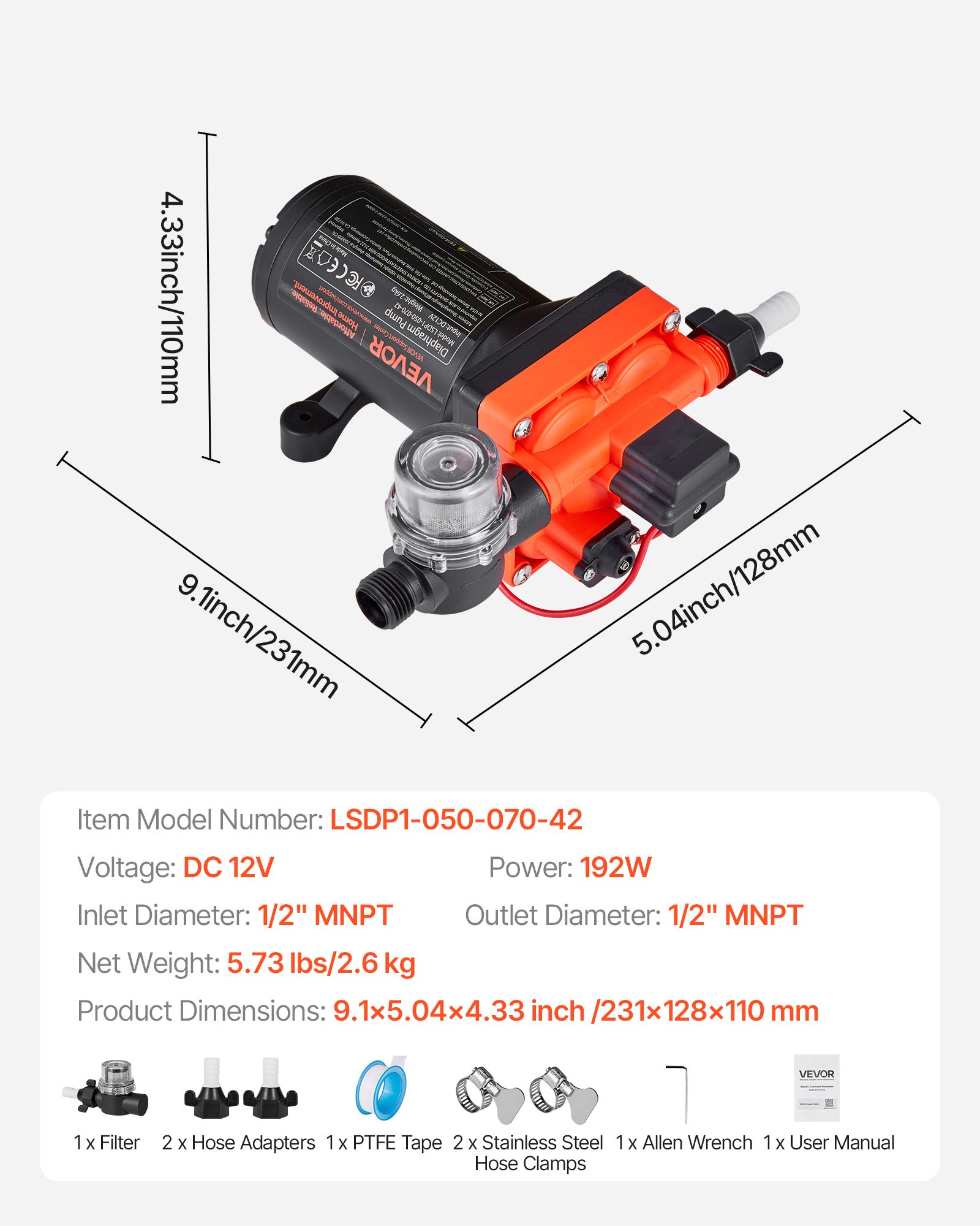 VEVOR Pompa membranowa, 12 V DC, 18,9 l/min, samozasysająca 4-komorowa pompa wodna z membraną z automatycznym wyłącznikiem ciśnieniowym, ciśnienie 4,8 bar, do kamperów, przyczep kempingowych, statków, jachtów, myjni samochodowych