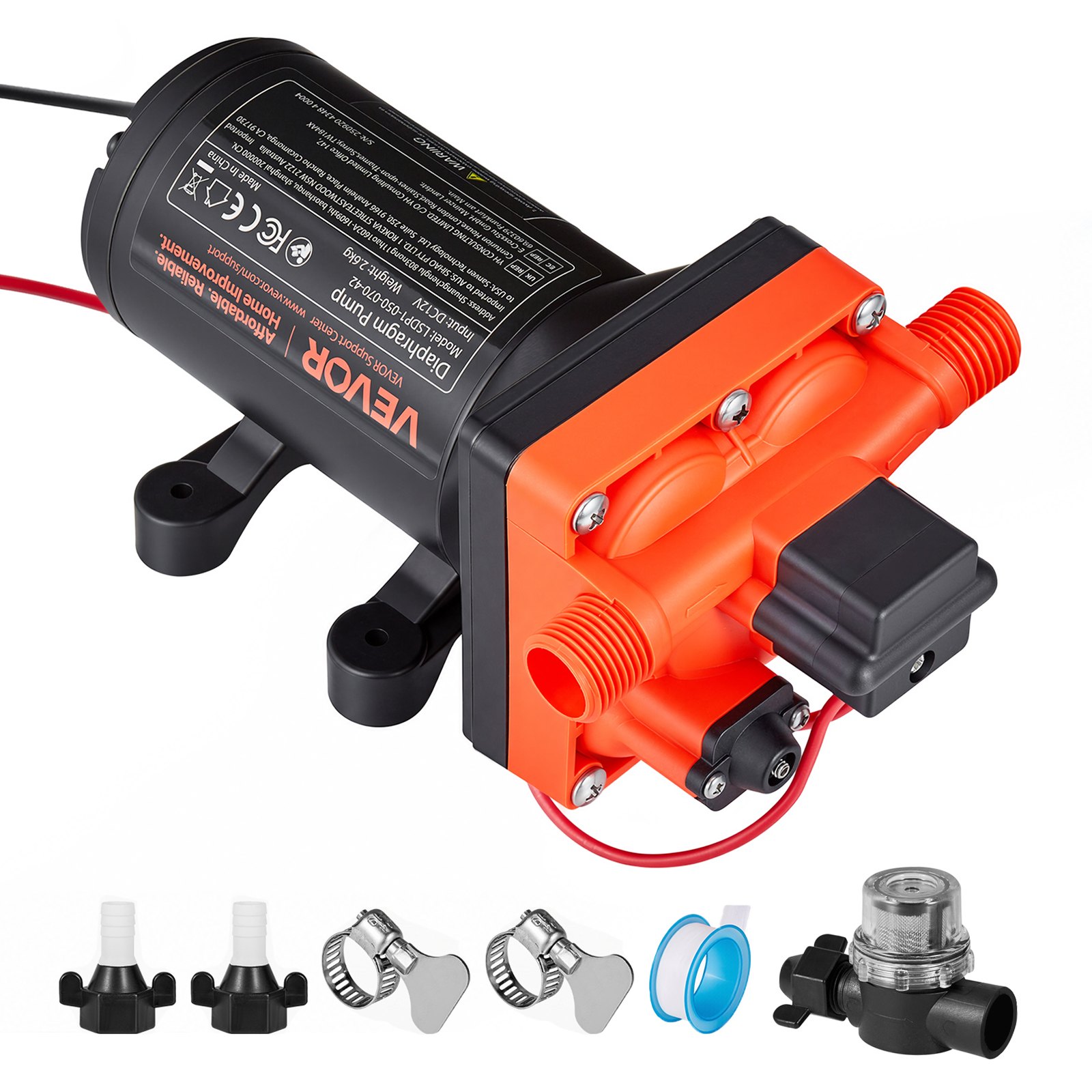VEVOR Pompa membranowa, 12 V DC, 18,9 l/min, samozasysająca 4-komorowa pompa wodna z membraną z automatycznym wyłącznikiem ciśnieniowym, ciśnienie 4,8 bar, do kamperów, przyczep kempingowych, statków, jachtów, myjni samochodowych