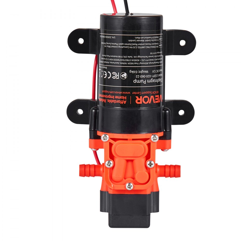 VEVOR Pompa membranowa, 12 V DC, 4,5 l/min, samozasysająca pompa wodna z membraną 2-komorową, z 2 zaciskami wężowymi, maks. ciśnienie 5,5 bara, cicha praca, do kamperów, przyczep kempingowych, łodzi, nawadniania ogrodów