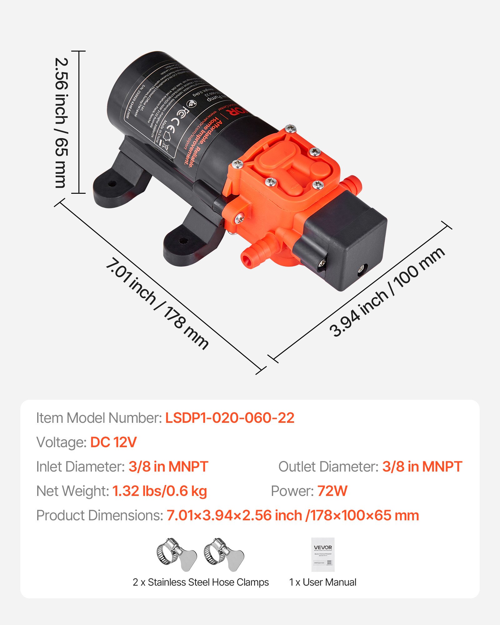VEVOR Pompa membranowa, 12 V DC, 4,5 l/min, samozasysająca pompa wodna z membraną 2-komorową, z 2 zaciskami wężowymi, maks. ciśnienie 5,5 bara, cicha praca, do kamperów, przyczep kempingowych, łodzi, nawadniania ogrodów