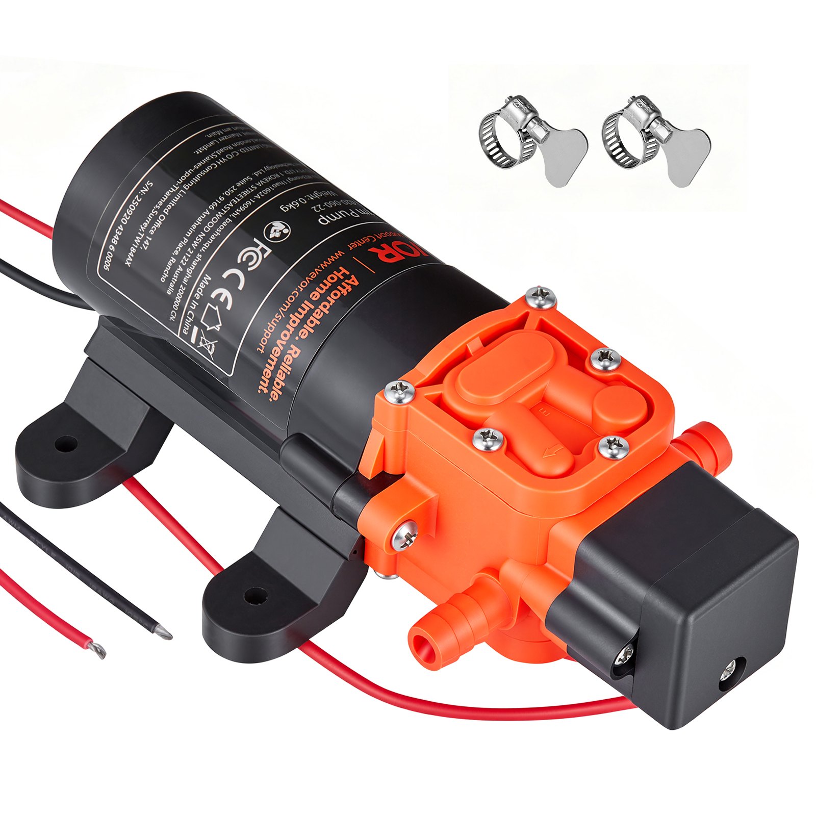 VEVOR Pompa membranowa, 12 V DC, 4,5 l/min, samozasysająca pompa wodna z membraną 2-komorową, z 2 zaciskami wężowymi, maks. ciśnienie 5,5 bara, cicha praca, do kamperów, przyczep kempingowych, łodzi, nawadniania ogrodów