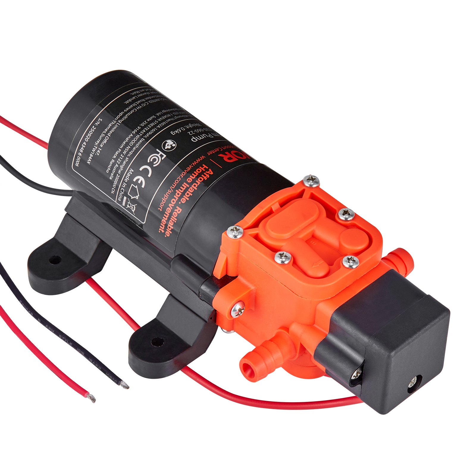 VEVOR Pompa membranowa, 12 V DC, 4,5 l/min, samozasysająca pompa wodna z membraną 2-komorową, z 2 zaciskami wężowymi, maks. ciśnienie 5,5 bara, cicha praca, do kamperów, przyczep kempingowych, łodzi, nawadniania ogrodów