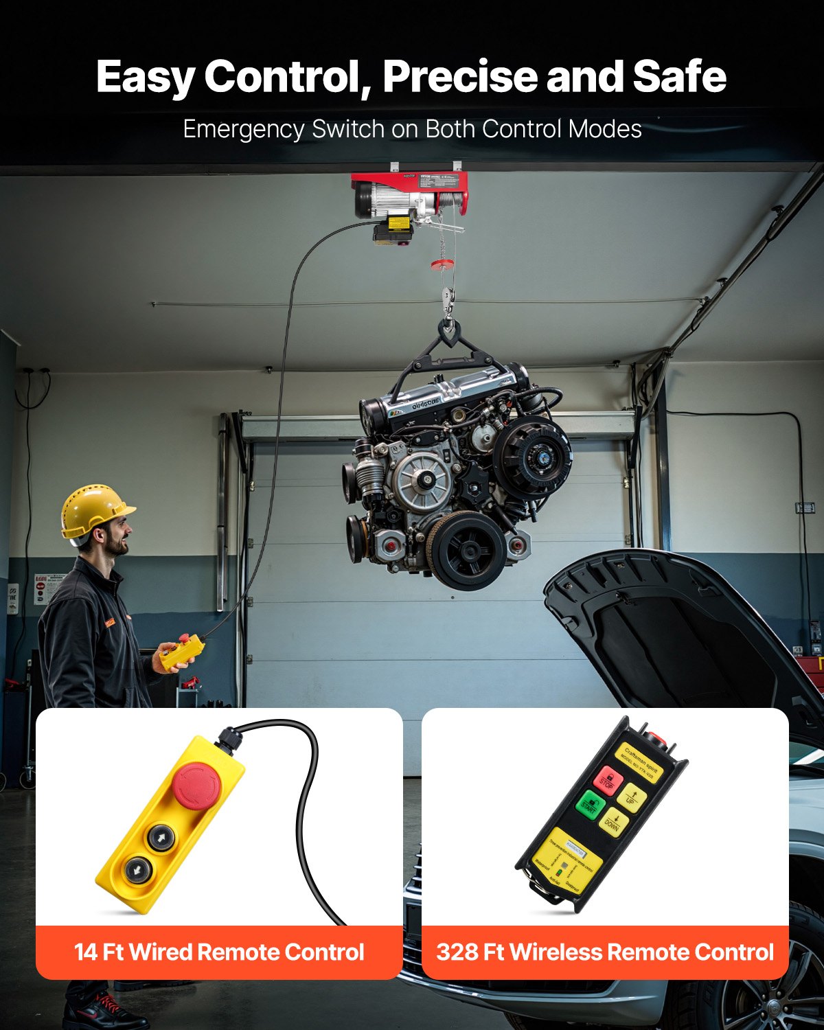 VEVOR Electric Winch, 600 kg, Motor Winch with 100 m Wireless and 4.2 m Wired Remote Control, 12 m Lifting Height with Single Cable, Single/Double Slings, Lifting Equipment for Garage, Warehouse, Factory