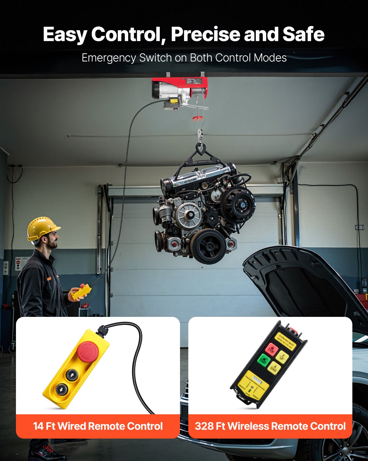 VEVOR Electric Winch, 1000 kg, Motor Winch with 100 m Wireless and 4.2 m Wired Remote Control, 12 m Lifting Height with Single Cable, Single/Double Slings, Lifting Equipment for Garage, Warehouse, Factory