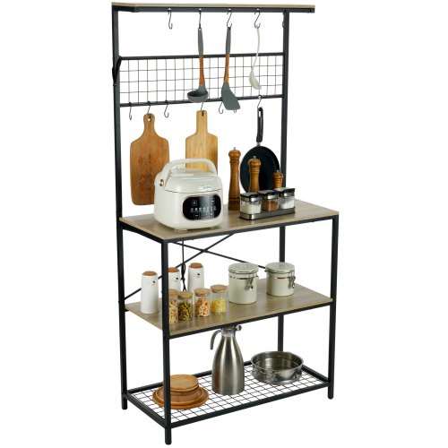 VEVOR 3-poziomowy stojak kuchenny Stojący 840 x 400 x 1700 mm Stojak piekarniczy z 10 haczykami i półkami 104,7 kg Ładowalny stojak do kuchenek mikrofalowych Wzornictwo przemysłowe Przechowywanie tostera Czajnik