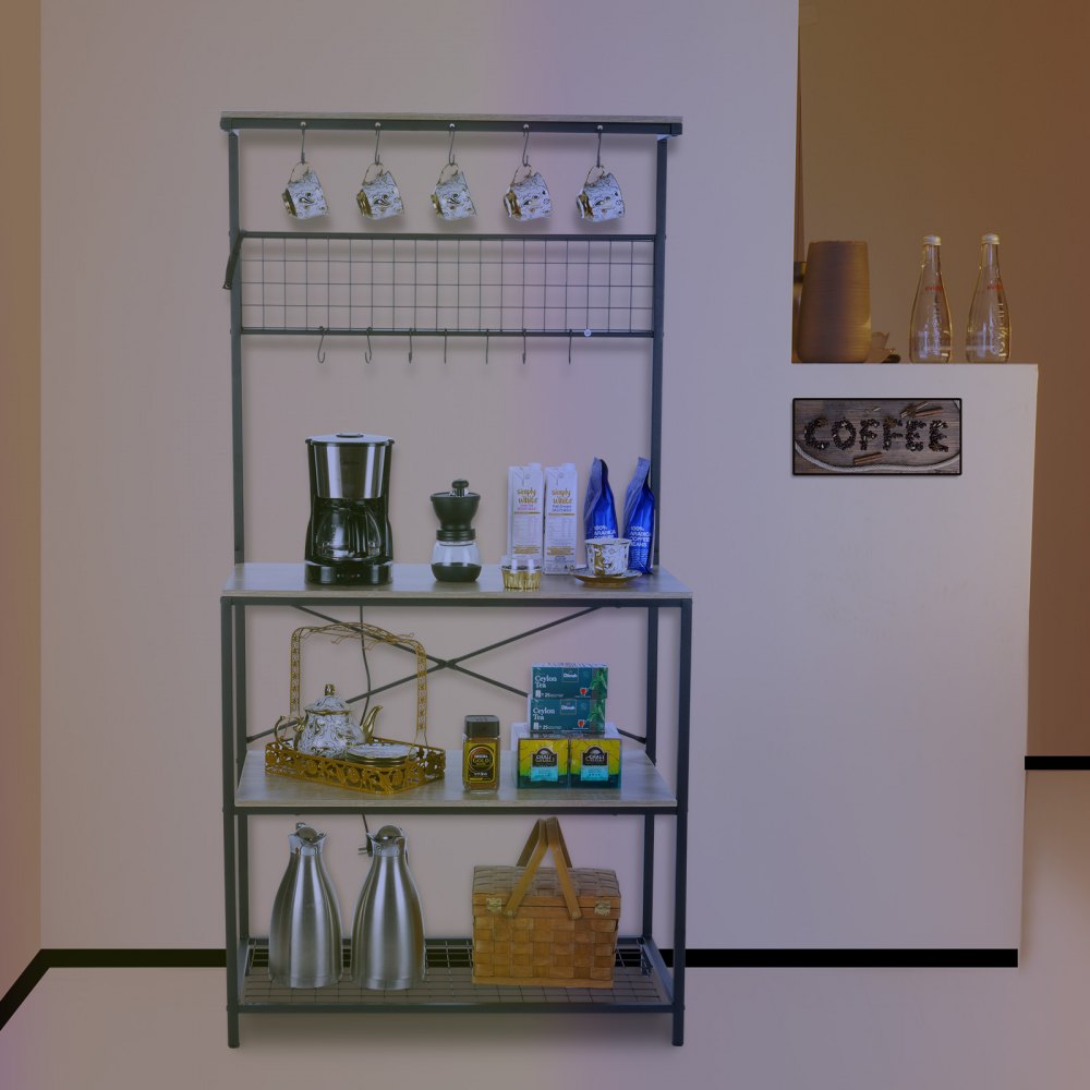 VEVOR 3-poziomowy stojak kuchenny Stojący 840 x 400 x 1700 mm Stojak piekarniczy z 10 haczykami i półkami 104,7 kg Ładowalny stojak do kuchenek mikrofalowych Wzornictwo przemysłowe Przechowywanie tostera Czajnik