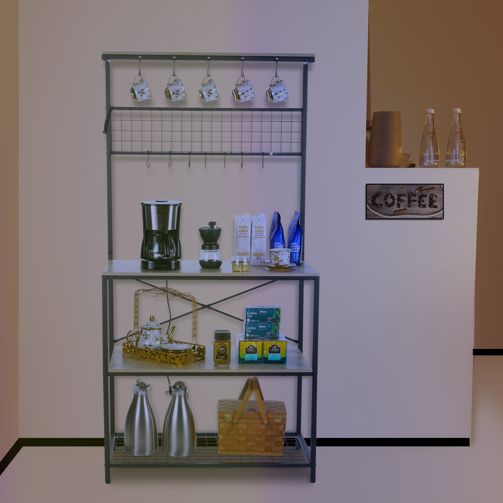 VEVOR 3-poziomowy stojak kuchenny Stojący 840 x 400 x 1700 mm Stojak piekarniczy z 10 haczykami i półkami 104,7 kg Ładowalny stojak do kuchenek mikrofalowych Wzornictwo przemysłowe Przechowywanie tostera Czajnik