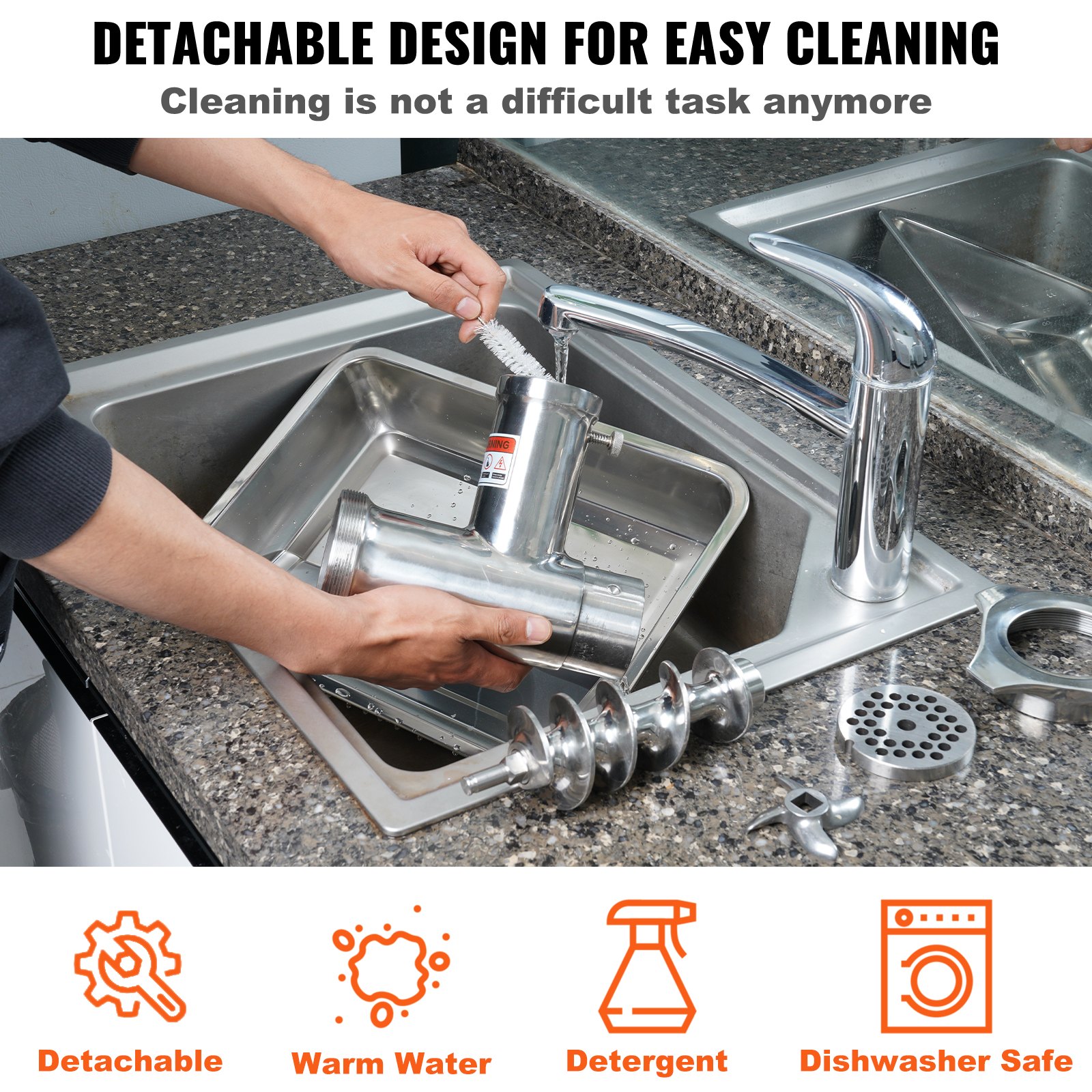 Maszynka do mielenia mięsa VEVOR elektryczna ze stali nierdzewnej, 360 kg/h mielonego mięsa, 1100 W, wielofunkcyjny robot kuchenny, nadziewarka do kiełbas, w tym 2 płyty tnące, 1 rurka na kiełbasę, 2 ostrza do wołowiny, kurczaka, indyka itp.