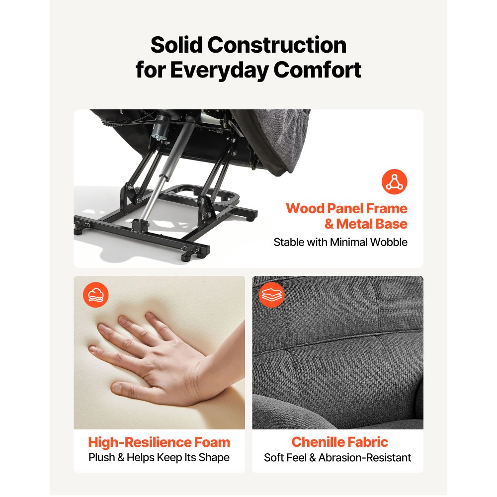 Fotel telewizyjny VEVOR z elektryczną regulacją, fotel z funkcją wspomagania podnoszenia, funkcją ogrzewania i masażu, fotel z bezstopniową regulacją dla seniorów, fotel masujący z pokrowcem z szenili i pilotem, ciemnoszary