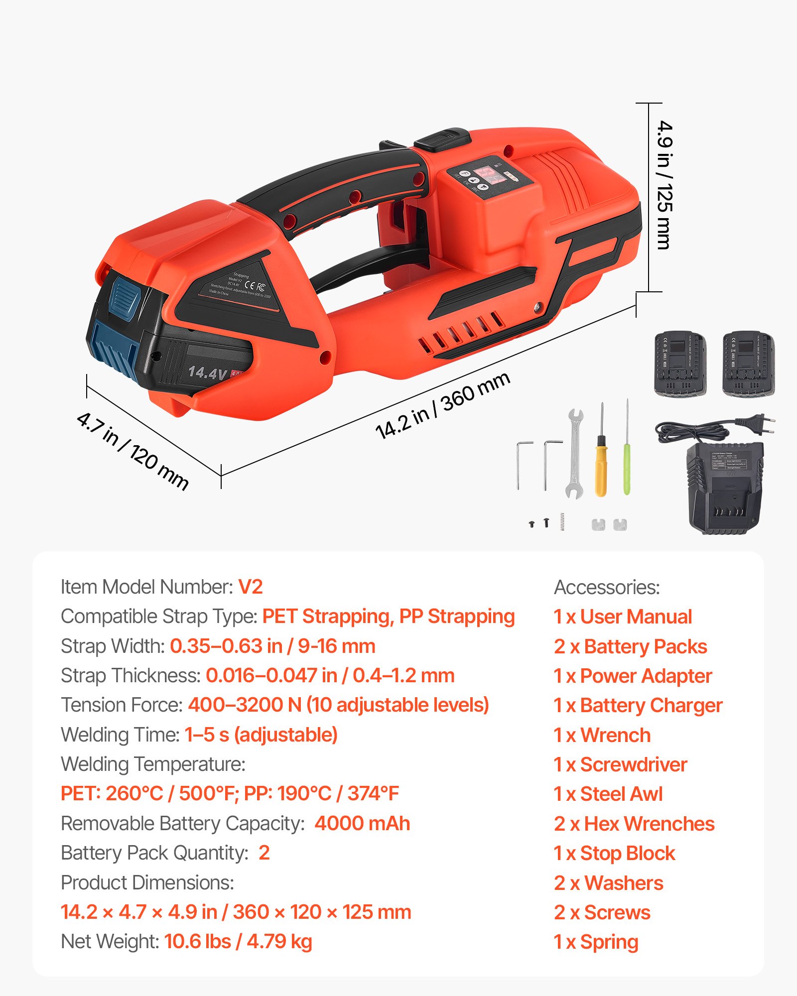 VEVOR – urządzenie do spinania taśmą zasilane bateryjnie, 2 baterie 4000 mAh, urządzenie do spinania taśmą z wyświetlaczem cyfrowym do taśm PP/PET o szerokości 9–16 mm, urządzenie do pakowania taśmą dla fabryk, magazynów i centrów logistycznych