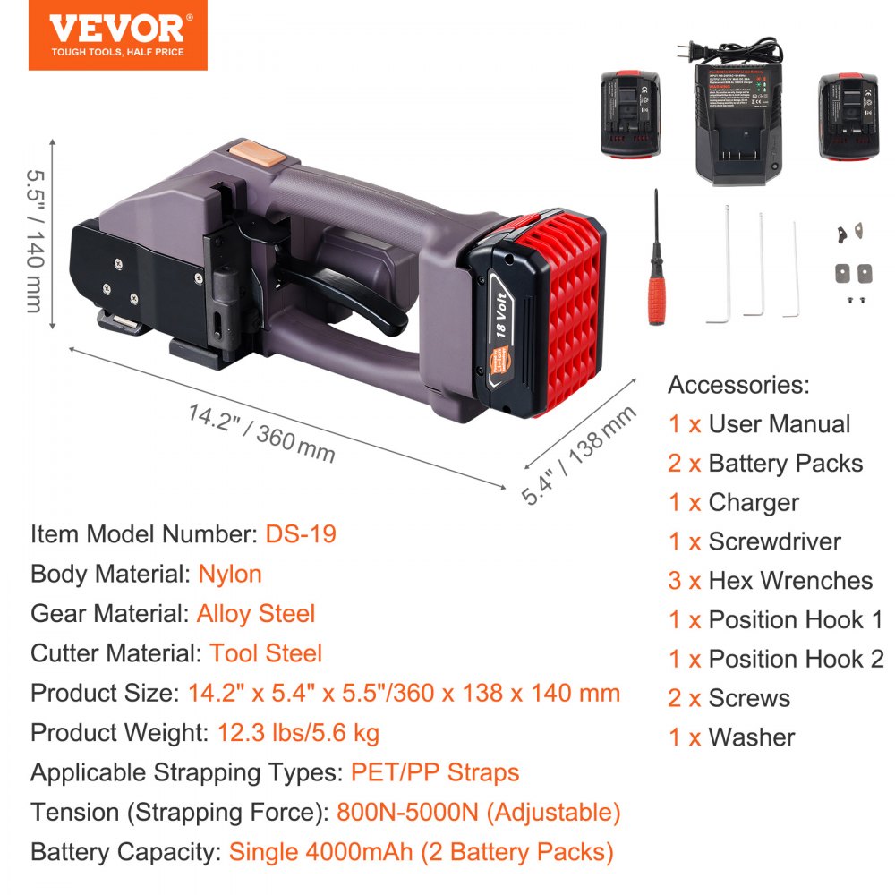 Elektryczna maszyna do spinania taśmą VEVOR, do taśm PP-PET o szerokości 0,39"–0,75", przenośne elektryczne urządzenie do spinania taśmą z wyświetlaczem cyfrowym, zasilane 2 bateriami 4000 mAh, automatyczne urządzenie do spinania taśmą do pakowania kartonów i palet