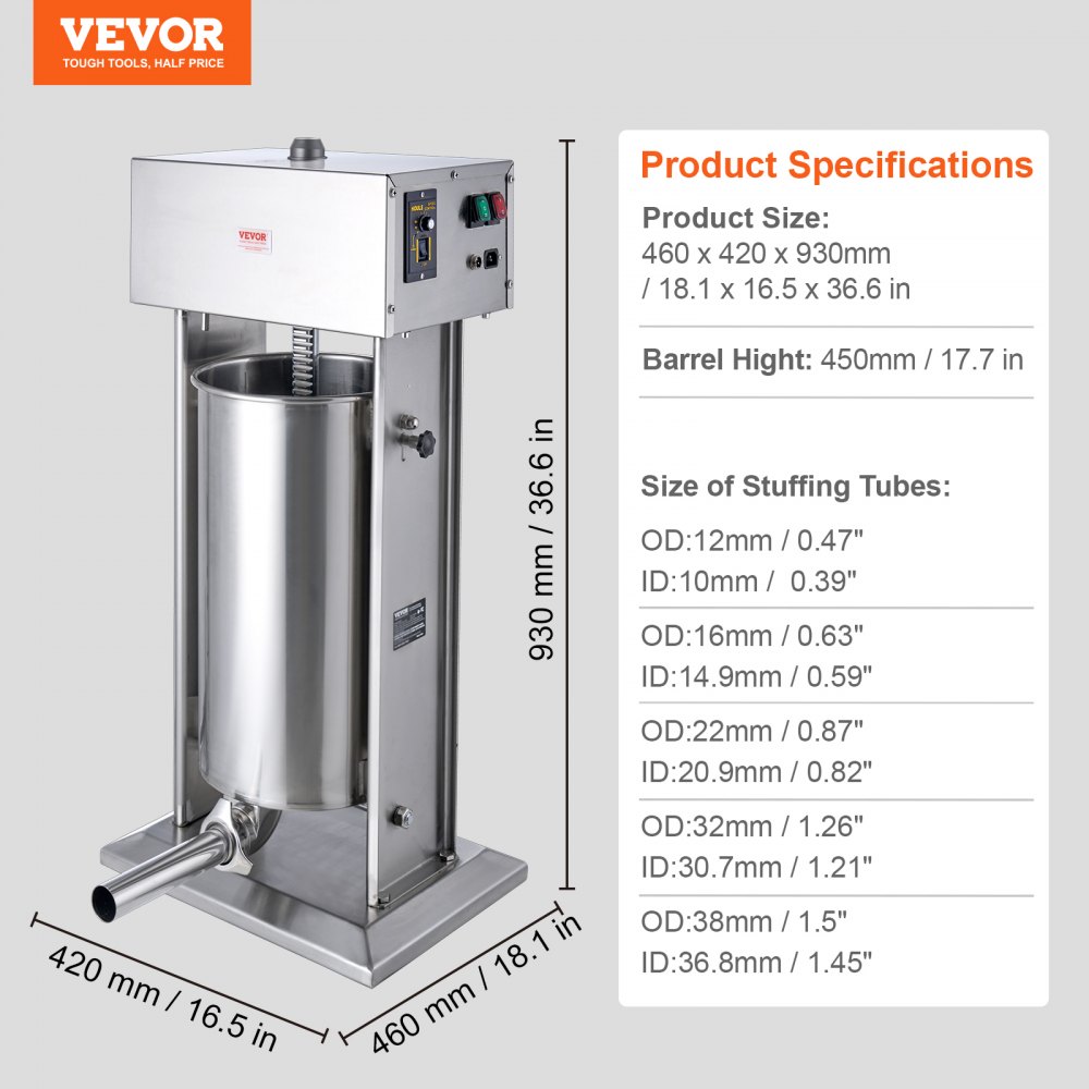 VEVOR Electric Sausage Stuffer, 25 L / 55 lb Vertical Meat Stuffer, 400 W Motor, Stepless Speed ​​Control and Foot Pedal, Made of Food-Grade 304 Stainless Steel, 5 Filling Tubes for Home and Commercial Use